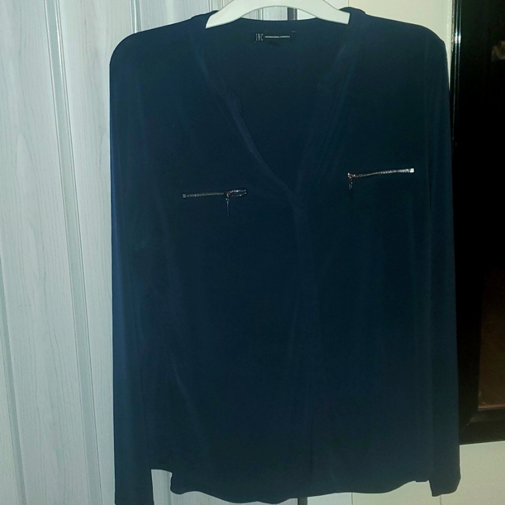 INC International Concepts navy blue zip front pockets Large blouse